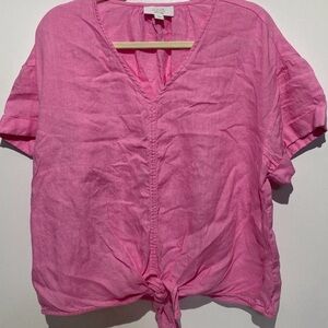 Charter Club Luxury Women's Linen V-Neck Short Sleeve Tie Front Pink Top Size XL